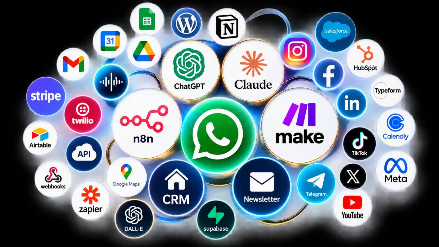 Ferramentas integradas: WhatsApp, n8n, Make, CRM, ChatGPT, Claude, Google, Meta, HubSpot e outras